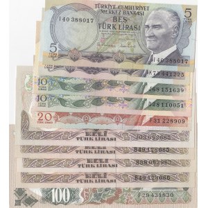 Turkey, 5 Lira (2), 10 Lira (2), 20 Lira, 50 Lira (4) and 100 Lira, AUNC, 6. Emissionn, (Total 10 banknotes)