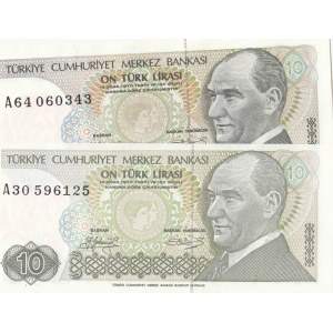 Turkey, 10 Lira, 1979, UNC, 7/1. Emission, p192, LONG EYEBROW AND SHORT EYEBROW SET, (Total 2 banknotes)