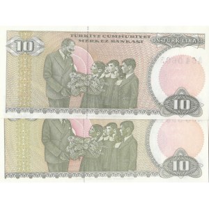 Turkey, 10 Lira, 1979, UNC, 7/1. Emission, p192, LONG EYEBROW AND SHORT EYEBROW SET, (Total 2 banknotes)