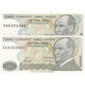 Turkey, 10 Lira, 1979, UNC, 7/1. Emission, p192, LONG EYEBROW AND SHORT EYEBROW SET, (Total 2 banknotes)