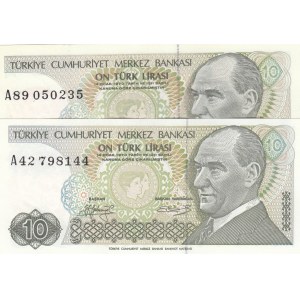 Turkey, 10 Lira, 1979, UNC, 7/1. Emission, p192, LONG EYEBROW AND SHORT EYEBROW SET, (Total 2 banknotes)