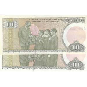 Turkey, 10 Lira, 1979, UNC, 7/1. Emission, p192, LONG EYEBROW AND SHORT EYEBROW SET, (Total 2 banknotes)