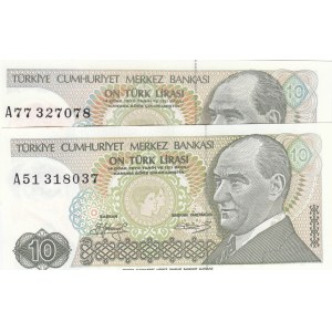 Turkey, 10 Lira, 1979, UNC, 7/1. Emission, p192, LONG EYEBROW AND SHORT EYEBROW SET, (Total 2 banknotes)