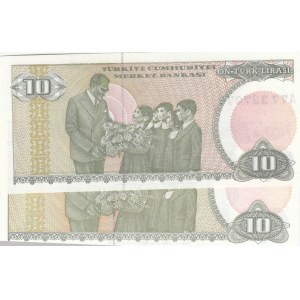Turkey, 10 Lira, 1979, UNC, 7/1. Emission, p192, LONG EYEBROW AND SHORT EYEBROW SET, (Total 2 banknotes)