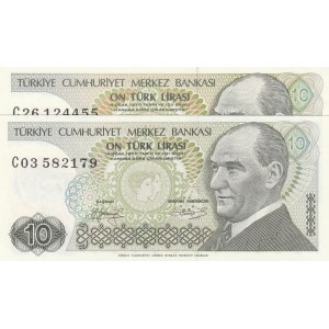 Turkey, 10 Lira, 1979, UNC, 7/1. Emission, p192, LONG EYEBROW AND SHORT EYEBROW SET, (Total 2 banknotes)