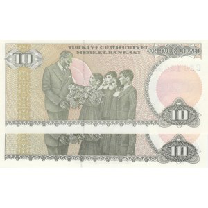 Turkey, 10 Lira, 1979, UNC, 7/1. Emission, p192, LONG EYEBROW AND SHORT EYEBROW SET, (Total 2 banknotes)