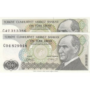 Turkey, 10 Lira, 1979, UNC, 7/1. Emission, p192, LONG EYEBROW AND SHORT EYEBROW SET, (Total 2 banknotes)