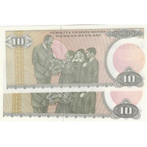 Turkey, 10 Lira, 1979, UNC, 7/1. Emission, p192, LONG EYEBROW AND SHORT EYEBROW SET, (Total 2 banknotes)