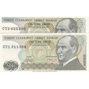 Turkey, 10 Lira, 1979, UNC, 7/1. Emission, p192, LONG EYEBROW AND SHORT EYEBROW SET, (Total 2 banknotes)