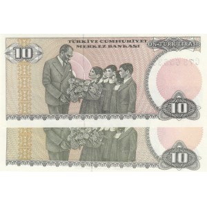 Turkey, 10 Lira, 1979, UNC, 7/1. Emission, p192, LONG EYEBROW AND SHORT EYEBROW SET, (Total 2 banknotes)