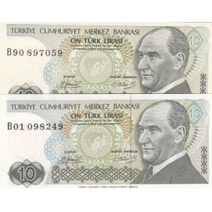 Turkey, 10 Lira, 1979, UNC, 7/1. Emission, p192, B01 first prefix and B90 last prefix, (Total 2 banknotes)