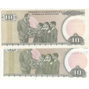 Turkey, 10 Lira, 1979, UNC, 7/1. Emission, p192, B01 first prefix and B90 last prefix, (Total 2 banknotes)