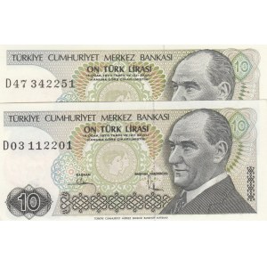 Turkey, 10 Lira, 1982, UNC, 7/2. Emission, p193, PHOSPHORUS  NON-PHOSPHORUS SET, (Total 2 banknotes)