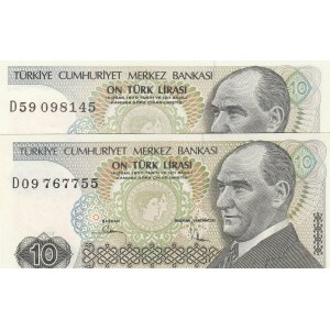 Turkey, 10 Lira, 1982, UNC, 7/2. Emission, p193, PHOSPHORUS  NON-PHOSPHORUS SET, (Total 2 banknotes)