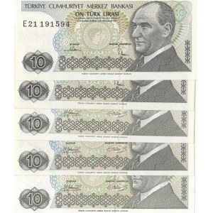 Turkey, 10 Lira, 1979/1982, UNC, 7/1. and 7/2. Emission, p192, p193, (Total 5 banknotes)