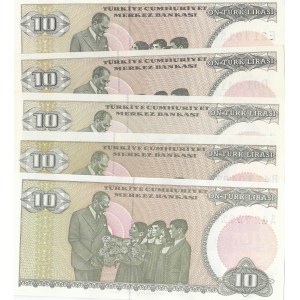 Turkey, 10 Lira, 1979/1982, UNC, 7/1. and 7/2. Emission, p192, p193, (Total 5 banknotes)