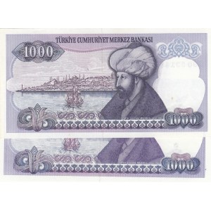 Turkey, 1.000 Lira, 1988, UNC, 7/2. Emission, p196, H01 and H90, first and last prefix, (Total 2 banknotes)