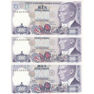 Turkey, 1000 Lira, 1986-1988, UNC, p196, (Total 3 banknotes)