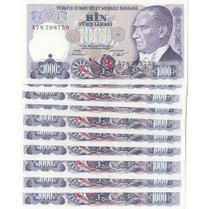 Turkey, 1.000 Lira, 1986/1988, UNC, 7/1. and 7/2. Emission, p196, (Total 10 banknotes)