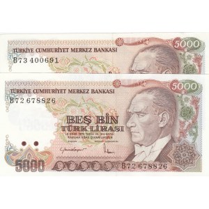 Turkey, 5.000 Lira, 1985, UNC, 7/2. Emission, p197, (Total 2 banknotes)