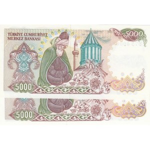 Turkey, 5.000 Lira, 1985, UNC, 7/2. Emission, p197, (Total 2 banknotes)