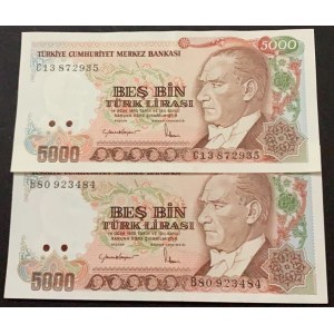 Turkey, 5.000 Lira, 1985, UNC, 7/2. Emission, p197, (Total 2 banknotes)