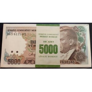 Turkey, 5.000 Lira, 1990, UNC, 7/4. Emission, p198, BUNDLE