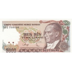 Turkey, 5.000 Lira, 1990, UNC, 7/4. Emission, p198, G01 first prefix