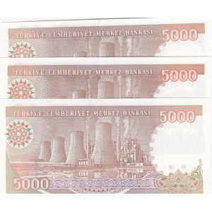 Turkey, 5.000 Lira, 1990, UNC, 7/4. Emission, p198, (Total 3 banknotes)