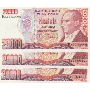 Turkey, 20.000 Lira, 1988, UNC, 7/1. Emission, p201, (Total 3 banknotes)