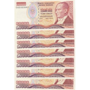 Turkey, 20.000 Lira, 1995, UNC, 7/2. Emission, p202, (Total 7 consecutive banknotes)