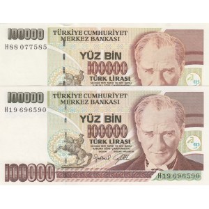 Turkey, 100.000 Lira, 1996, UNC, 7/3. Emission, p205c, DIFFERENT WATERMARK, (Total 2 banknotes)