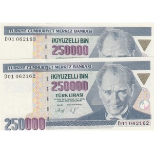 Turkey, 250.000 Lira, 1992, UNC, 7/1. Emission, p207, D01, (Total 2 consecutive banknotes)