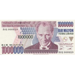 Turkey, 1.000.000 Lira, 1995, UNC, 7/1. Emission, p209a, A01 first prefix and Low Serial Number
