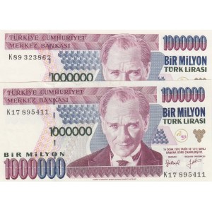 Turkey, 1.000.000 Lira, 1996, UNC, 7/2. Emission, p209b, DIFFERENT WATERMARK, (Total 2 banknotes)