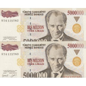 Turkey, 5.000.000 Lira, 1997, UNC, 7/1. Emission, p210b, (Total 2 consecutive banknotes)