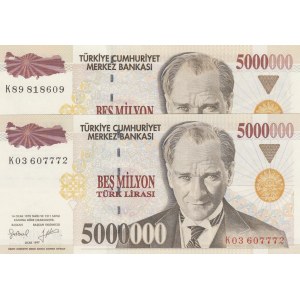 Turkey, 5.000.000 Lira, 1997, UNC, 7/1. Emission, p210b, DIFFERENT WATERMARK, (Total 2 banknotes)