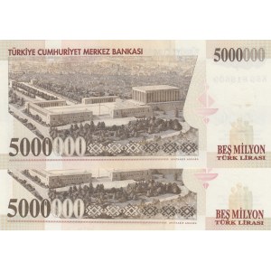Turkey, 5.000.000 Lira, 1997, UNC, 7/1. Emission, p210b, DIFFERENT WATERMARK, (Total 2 banknotes)