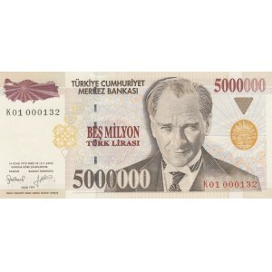 Turkey, 5.000.000 Lira, 1997, UNC, 7/1. Emission, p210b, K01, Low Serial number