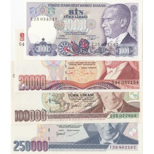 Turkey, 1.000 Lira, 20.000 Lira, 100.000 Lira and 250.000 Lira, 1986/1998, AUNC/UNC, 7. Emission,  p196, p202, p205c, p211, (Total 4 banknotes)