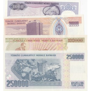 Turkey, 1.000 Lira, 20.000 Lira, 100.000 Lira and 250.000 Lira, 1986/1998, AUNC/UNC, 7. Emission,  p196, p202, p205c, p211, (Total 4 banknotes)