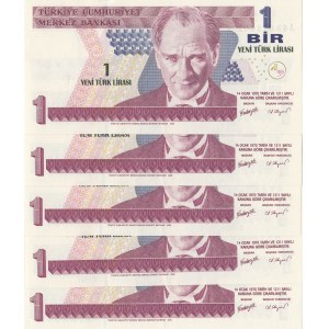 Turkey, 1 New Turkish Lira, 2005, UNC, p216, (Total 5 consecutive banknotes)