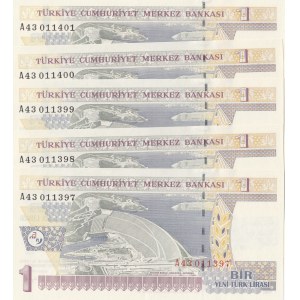 Turkey, 1 New Turkish Lira, 2005, UNC, p216, (Total 5 consecutive banknotes)