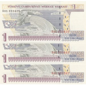 Turkey, 1 New Turkish Lira, 2005, UNC, 8/1. Emission, p216, A01, (Total 3 banknotes)