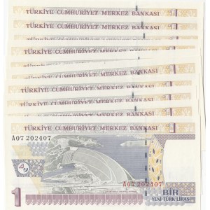 Turkey, 1 New Turkish Lira, 2005, UNC, 8/1. Emission, p216, Sequential prefix numbers, (Total 10 banknotes)