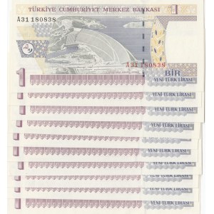 Turkey, 1 New Turkish Lira, 2005, UNC, 8/1. Emission, p216, Sequential prefix numbers, (Total 10 banknotes)
