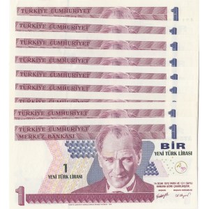 Turkey, 1 New Turkish Lira, 2005, UNC, 8/1. Emission, p216, Sequential prefix numbers, (Total 9 banknotes)