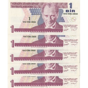 Turkey, 1 New Turkish Lira, 2005, XF / AUNC, p2016, (Total 5 banknotes)