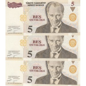 Turkey, 5 New Turkish Lira, 2005, UNC, 8/1. Emission, p217, (Total 3 banknotes)