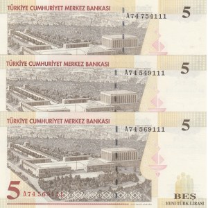Turkey, 5 New Turkish Lira, 2005, UNC, 8/1. Emission, p217, (Total 3 banknotes)